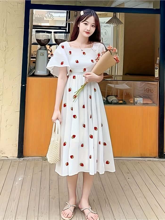 Women'S Cute Forest-Themed A-Line Dress with Ruffle Sleeves - White with Red Cherries & Green Leaves Print, Short Sleeve, Long Length, Perfect for Spring/Summer, Casual Attire, Casual Attire|Ruffle Sleeve Dress|Aline Silhouette, Cute Dresses - Image 6
