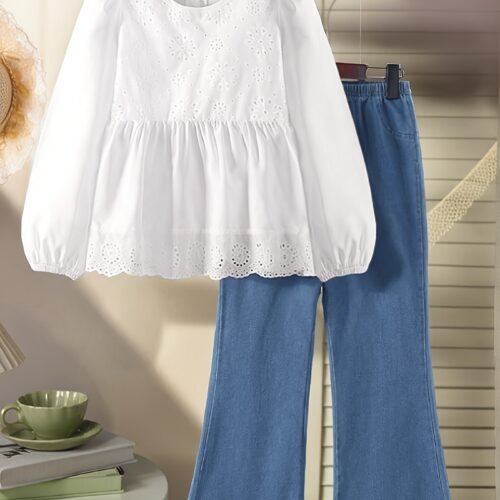 Spring and Autumn Girls' Fashionable New Set, Youthful Sunny Cute Design with Round Neck Long Sleeve Top & Stylish Versatile Casual Denim Pants for Outings Holidays Parties, Comfortable Two-Piece Suit for Middle-Large Kids Girlfriends, Exquisite Gift