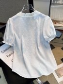 Women's & White Striped Puff Sleeve Blouse - Short Sleeve Button-Front Shirt with Bow Tie Collar, Vertical Striped Top for Spring Summer Casual & Semi-Formal Wear, Machine Washable (Non-Stretch)