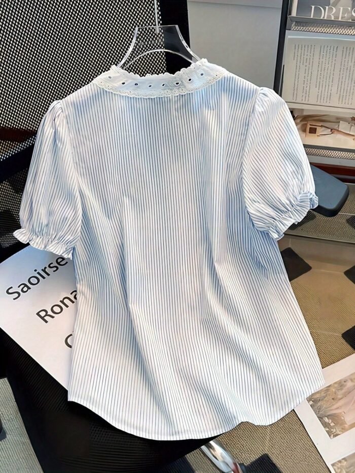 Women's & White Striped Puff Sleeve Blouse - Short Sleeve Button-Front Shirt with Bow Tie Collar, Vertical Striped Top for Spring Summer Casual & Semi-Formal Wear, Machine Washable (Non-Stretch) - Image 2